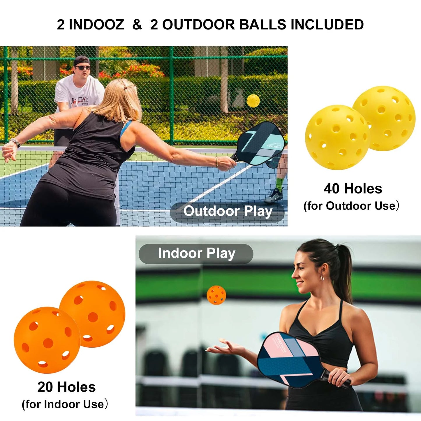 Pickleball Paddles Set of 4 with 4 Balls & Carry Bag - Lightweight 7.9Oz Fiberglass Racket, Non-Slip Comfort Grip, for Men & Women