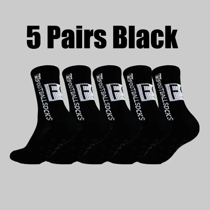 5 Pairs Black Men Non-slip Football Socks Breathable Wear-resistant Outdoor Sports Socks for Soccer Rugby, Running，Size 39-44