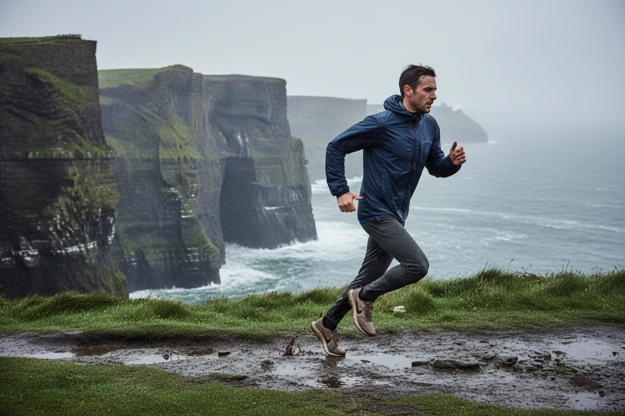 relaistic image male running on cliffs of moher rainy weater wearing trailberg outfit and nike shoes but no trailberg btanding